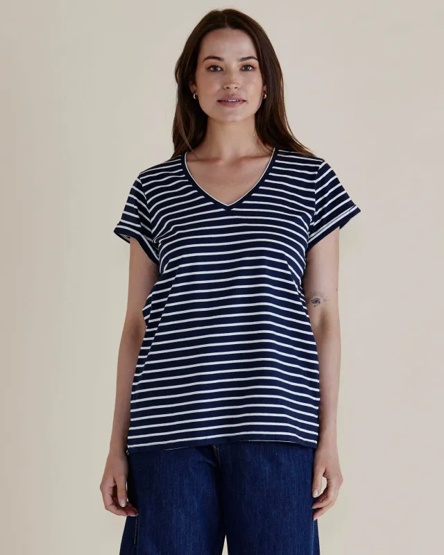 Ayla V-Neck Tee - Navy Blue Stripe Navy sold by Freez