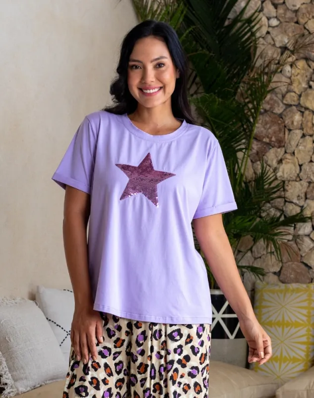 Star Sequin Tee - Lilac sold by Freez
