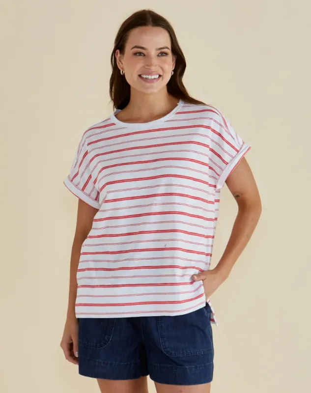 Shirley Short Sleeve Tee - Grapefruit Stripe White sold by Freez