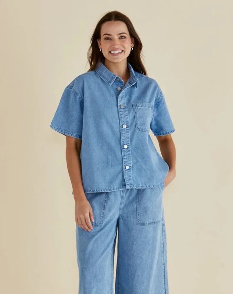 Saffra Short Sleeve Denim Shirt - Blue Denim sold by Freez