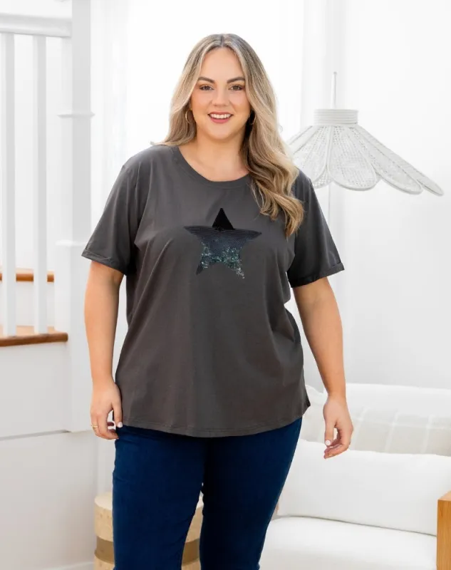 Star Sequin Tee - Charcoal sold by Freez