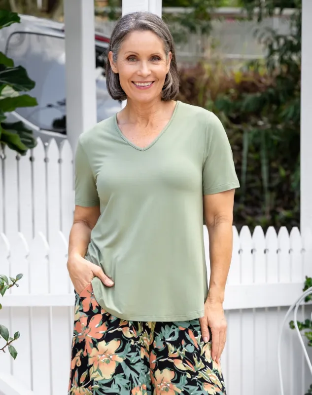 Elena V-Neck Tee - Sage made by Freez