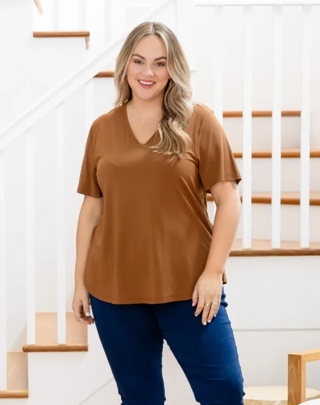 Elena V-Neck Tee - Nutmeg sold by Freez