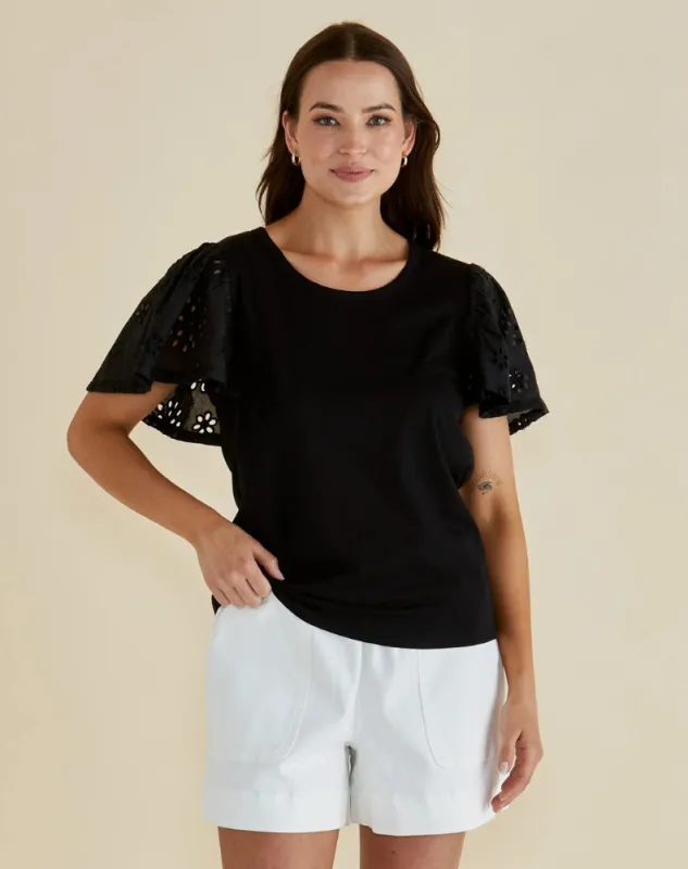 Lottie Embroidered Tee - Black sold by Freez