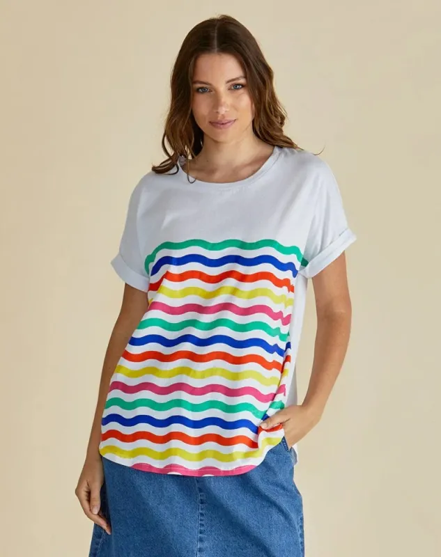 Hailey Short Sleeve Tee - Rainbow Wavy Stripe Multi sold by Freez