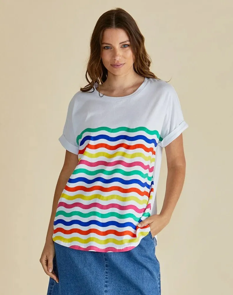 Hailey Short Sleeve Tee - Rainbow Wavy Stripe Multi sold by Freez