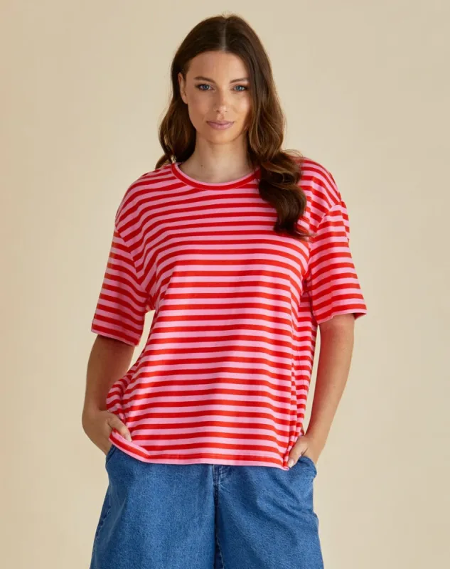 Relax Boxy Tee - Pink/Red Stripe Pink sold by Freez