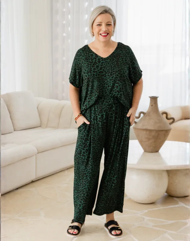 Sammie Pants - Green Leopard sold by Freez