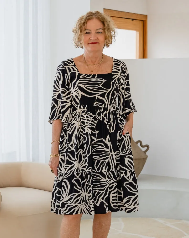 Alana Dress - Midnight Palm sold by Freez