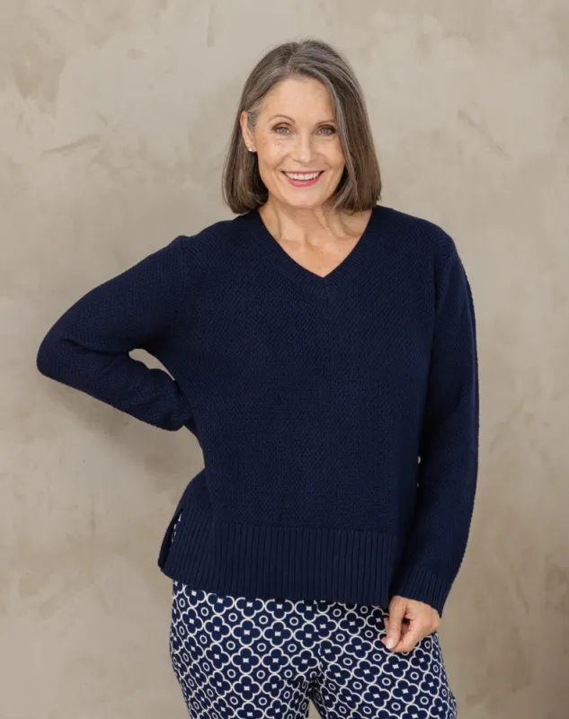 V Neck Maple Cotton Knit - Navy made by Freez