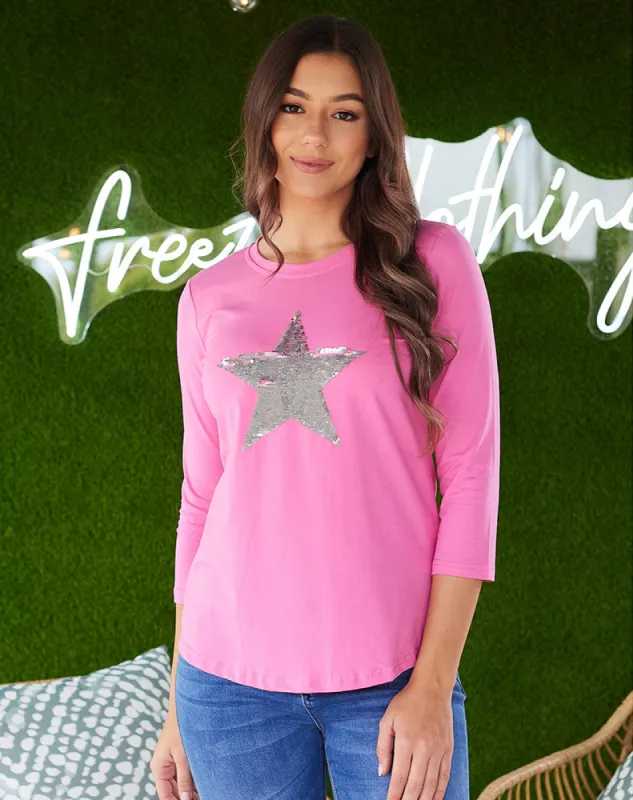 Star Sequin 3/4 Tee - Pink sold by Freez