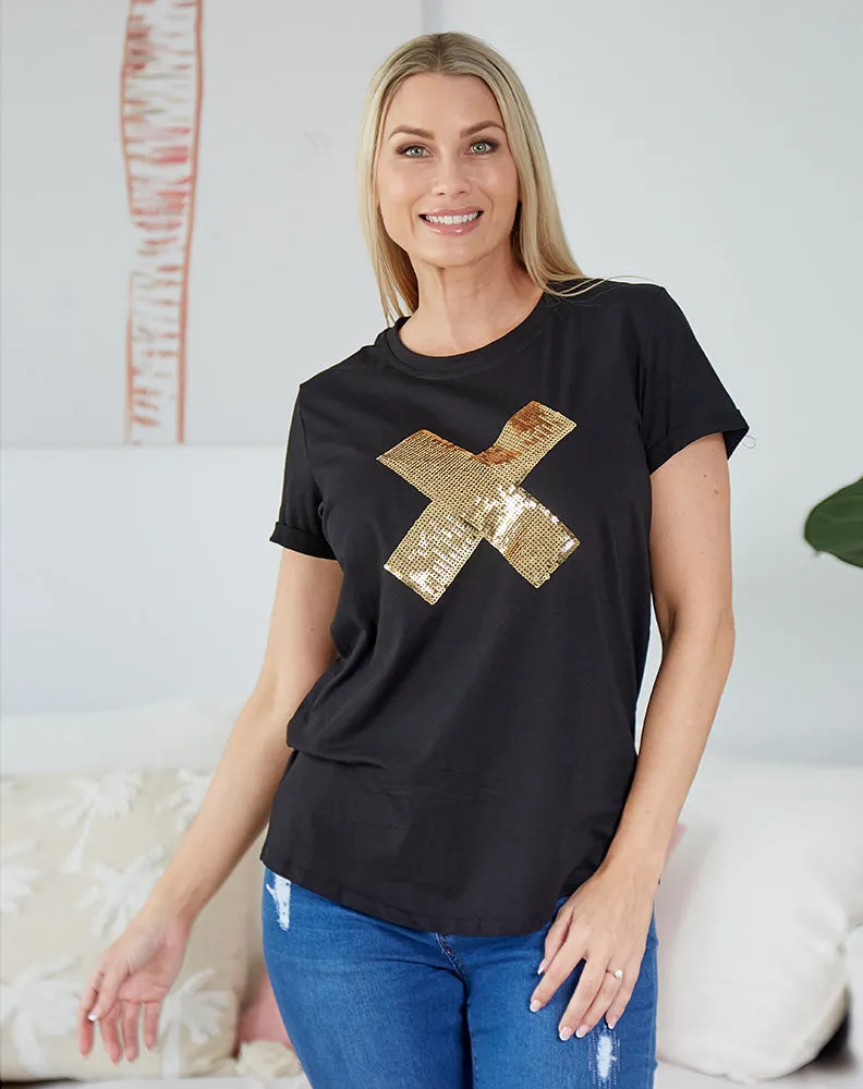 Cross Sequin Tee - Black/Gold sold by Freez