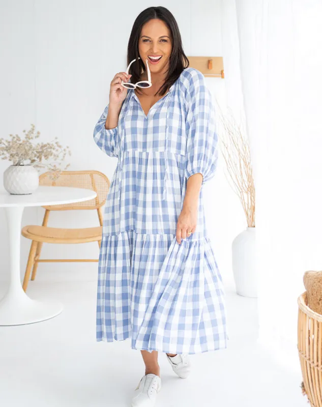 Amber Midi Dress -Gingham Blue sold by Freez