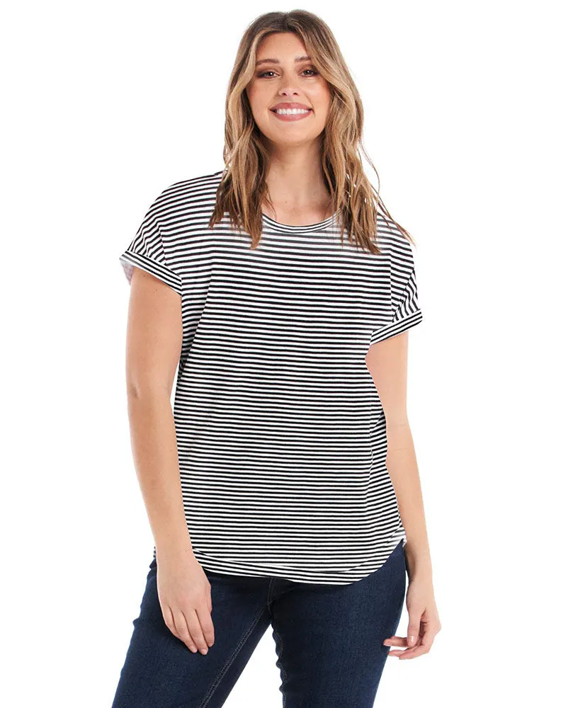 Hailey Short Sleeve Tee - White/Ebony Stripe sold by Freez