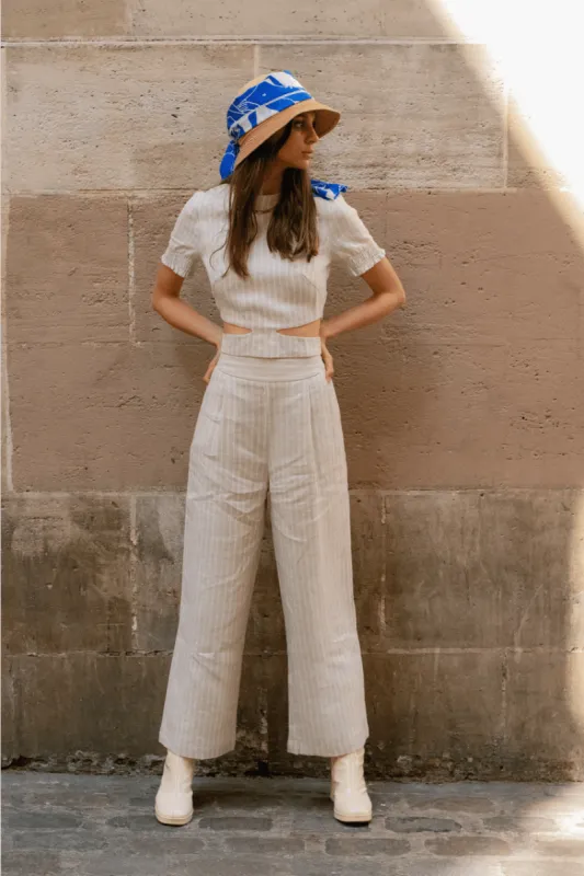 ULYSSE - Pantalon taille haute à plis en lin rayé écru sold by Fete Imperiale