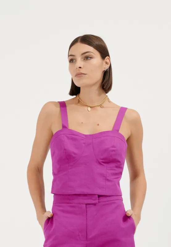 ORSU - Crop top décolleté cœur bretelles larges en lin et coton fuchsia sold by Fete Imperiale