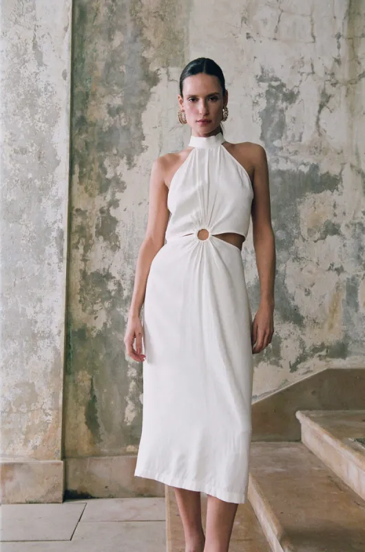 MARGUERITE - Robe midi ajourée à la taille col montant épaules nues en cupro Blanc sold by Fete Imperiale