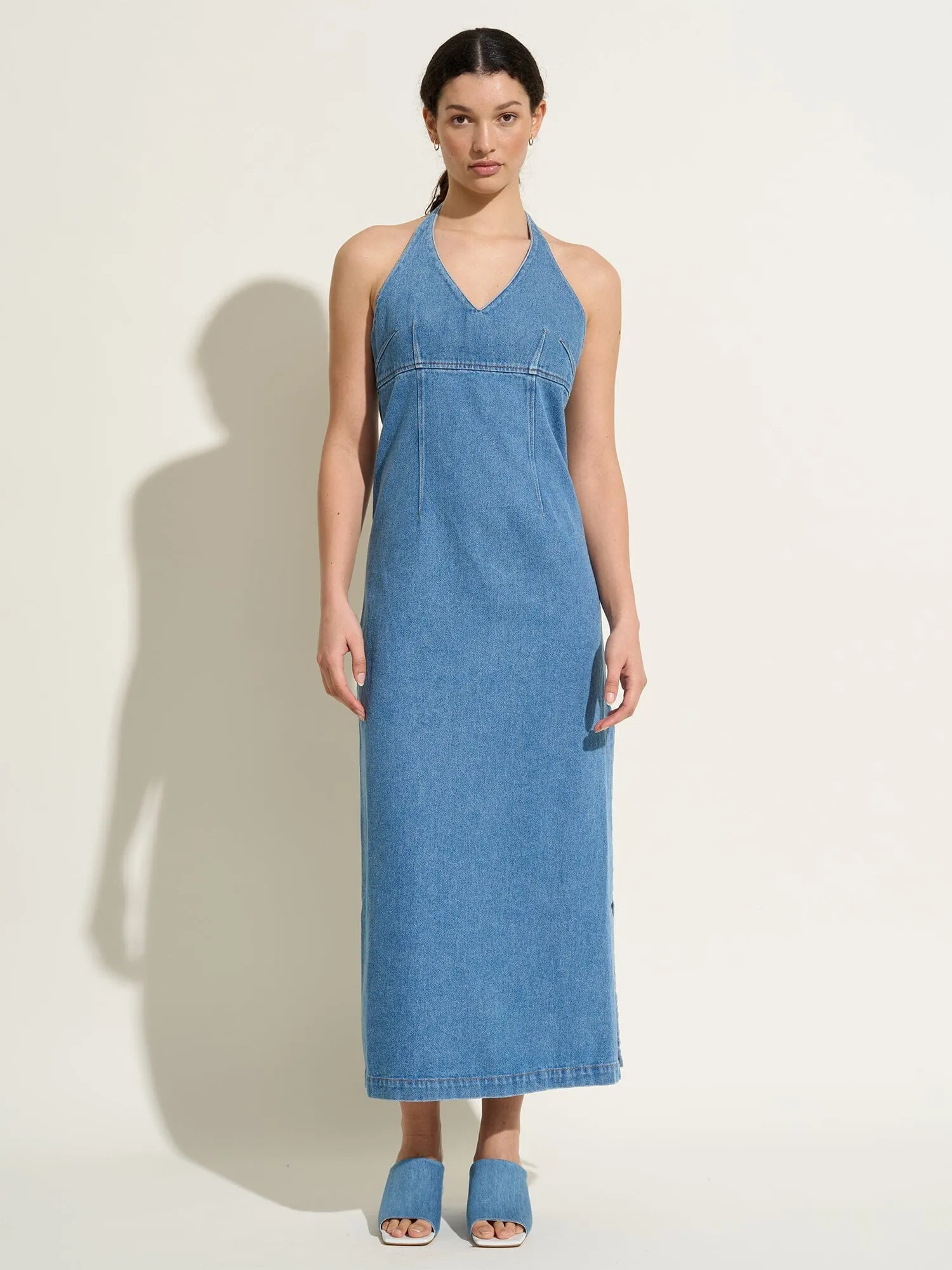 ELISABETH - Robe midi à nouer dos nu en denim délavé Oeko-Tex Bleu sold by Fete Imperiale