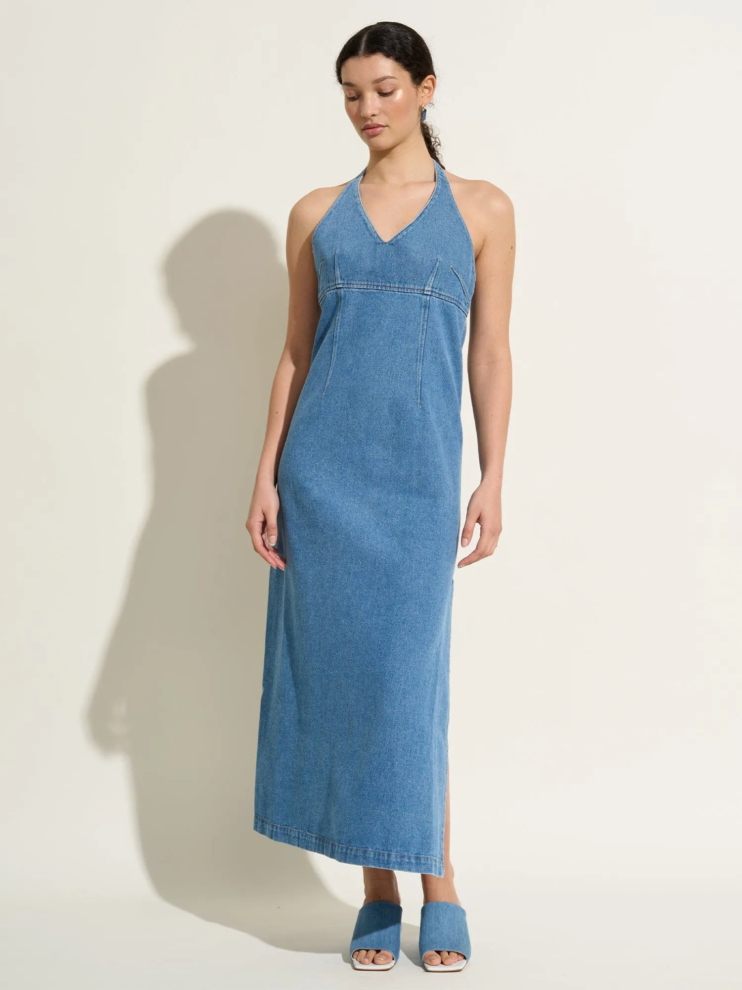 ELISABETH - Robe midi à nouer dos nu en denim délavé Oeko-Tex Bleu sold by Fete Imperiale product image thumbnail 3