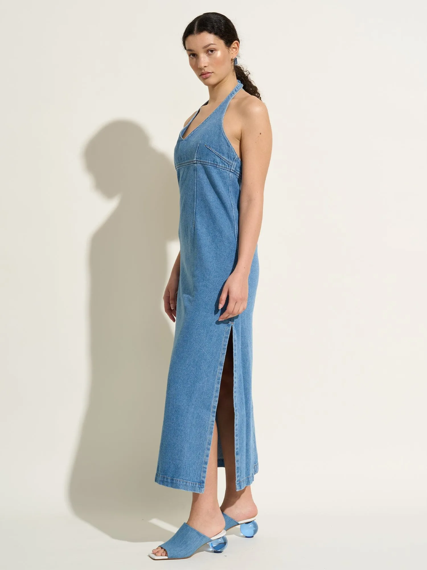 ELISABETH - Robe midi à nouer dos nu en denim délavé Oeko-Tex Bleu sold by Fete Imperiale product image thumbnail 2