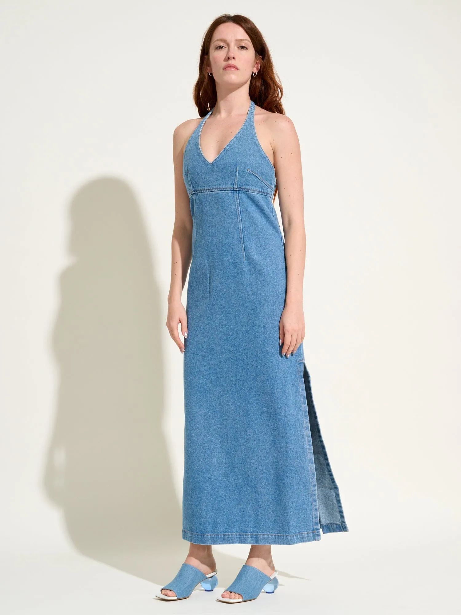 ELISABETH - Robe midi à nouer dos nu en denim délavé Oeko-Tex Bleu sold by Fete Imperiale product image thumbnail 5