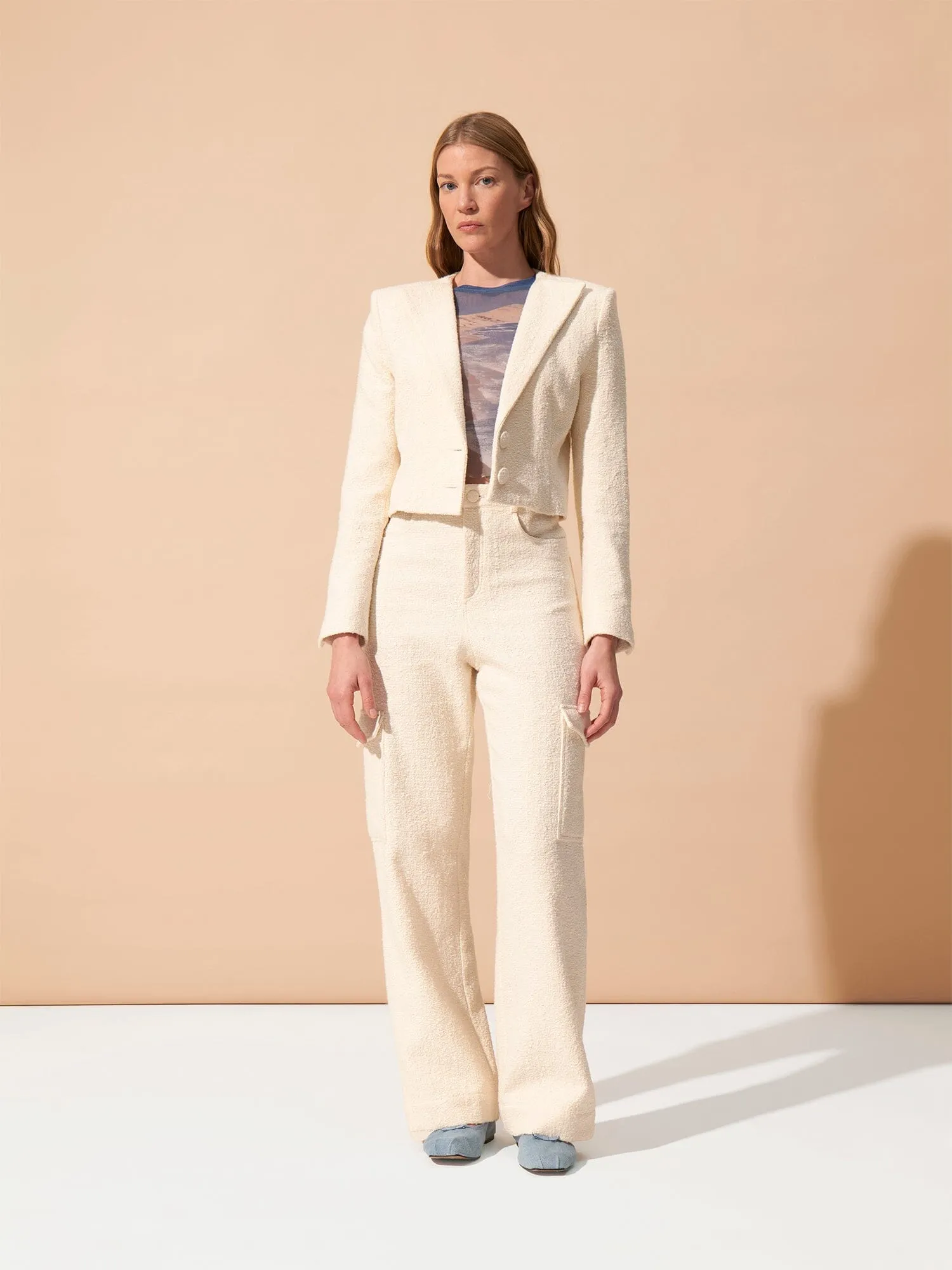 GRACE - Veste cropped à épaulettes en tweed coton et laine texturé Ecru sold by Fete Imperiale product image thumbnail 3