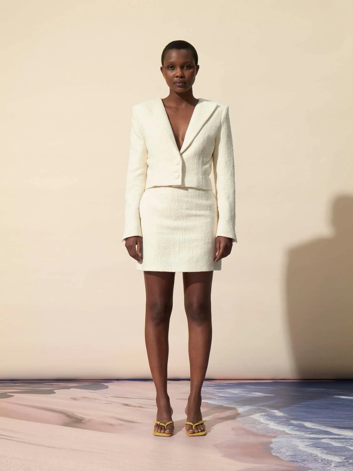 GRACE - Veste cropped à épaulettes en tweed coton et laine texturé Ecru sold by Fete Imperiale product image thumbnail 2