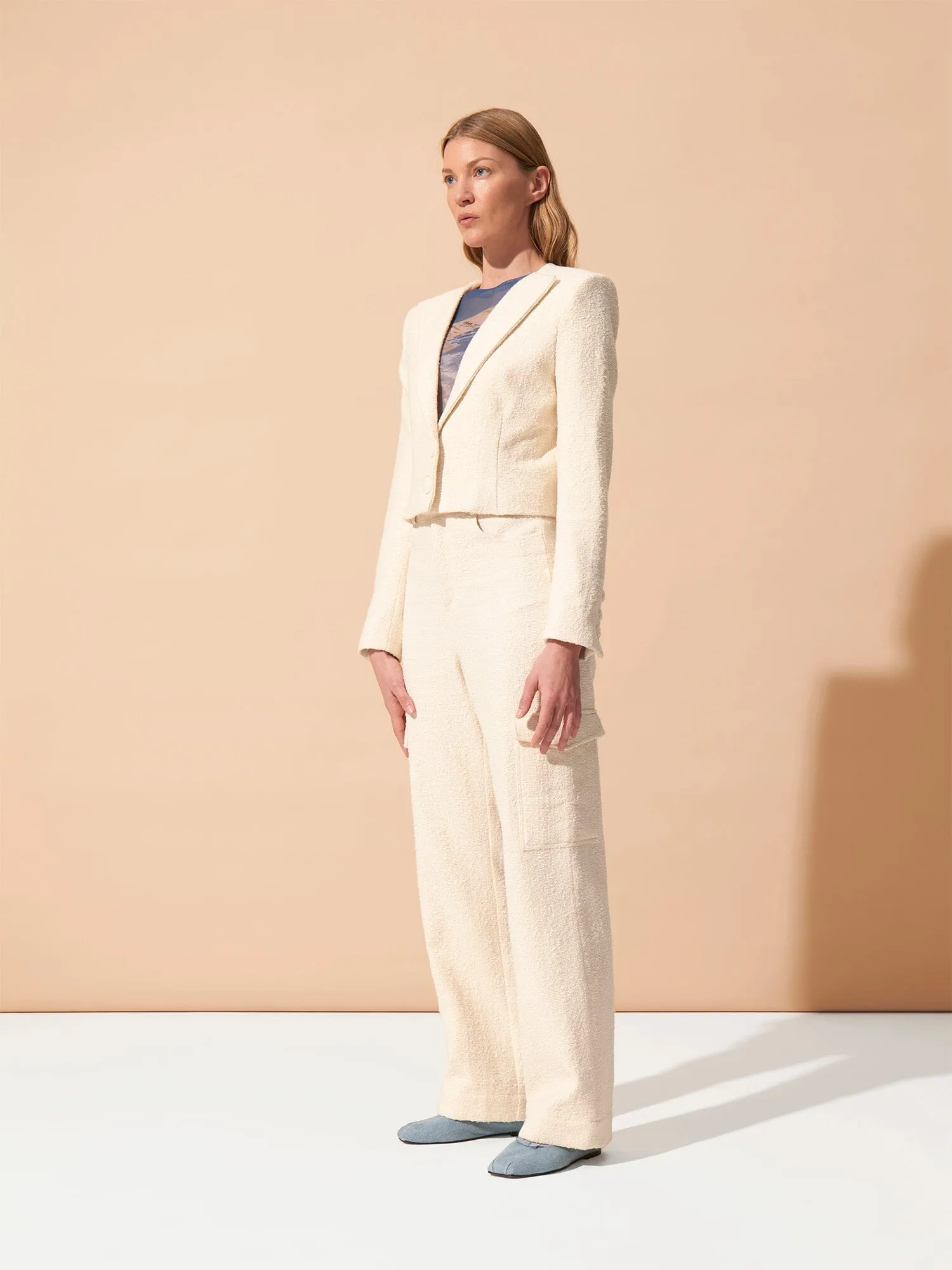 GRACE - Veste cropped à épaulettes en tweed coton et laine texturé Ecru sold by Fete Imperiale product image thumbnail 4