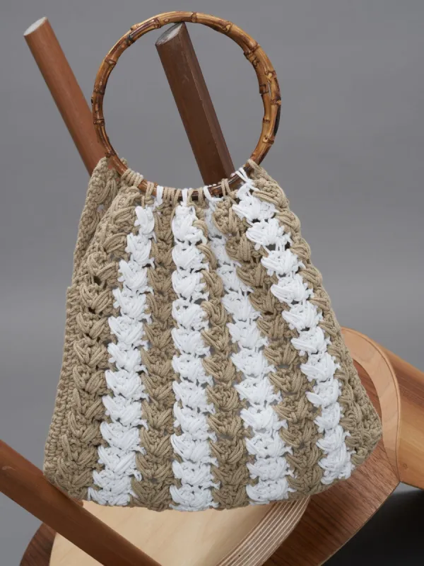 IOS - Sac grand modèle anse en bambou et macramé Blanc et Beige sold by Fete Imperiale