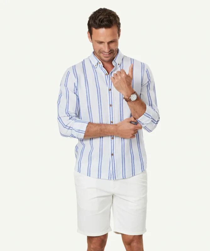 Tailored Linen Blend Stripe Long Sleeve Shirt - Pale Blue sold by GAZMAN