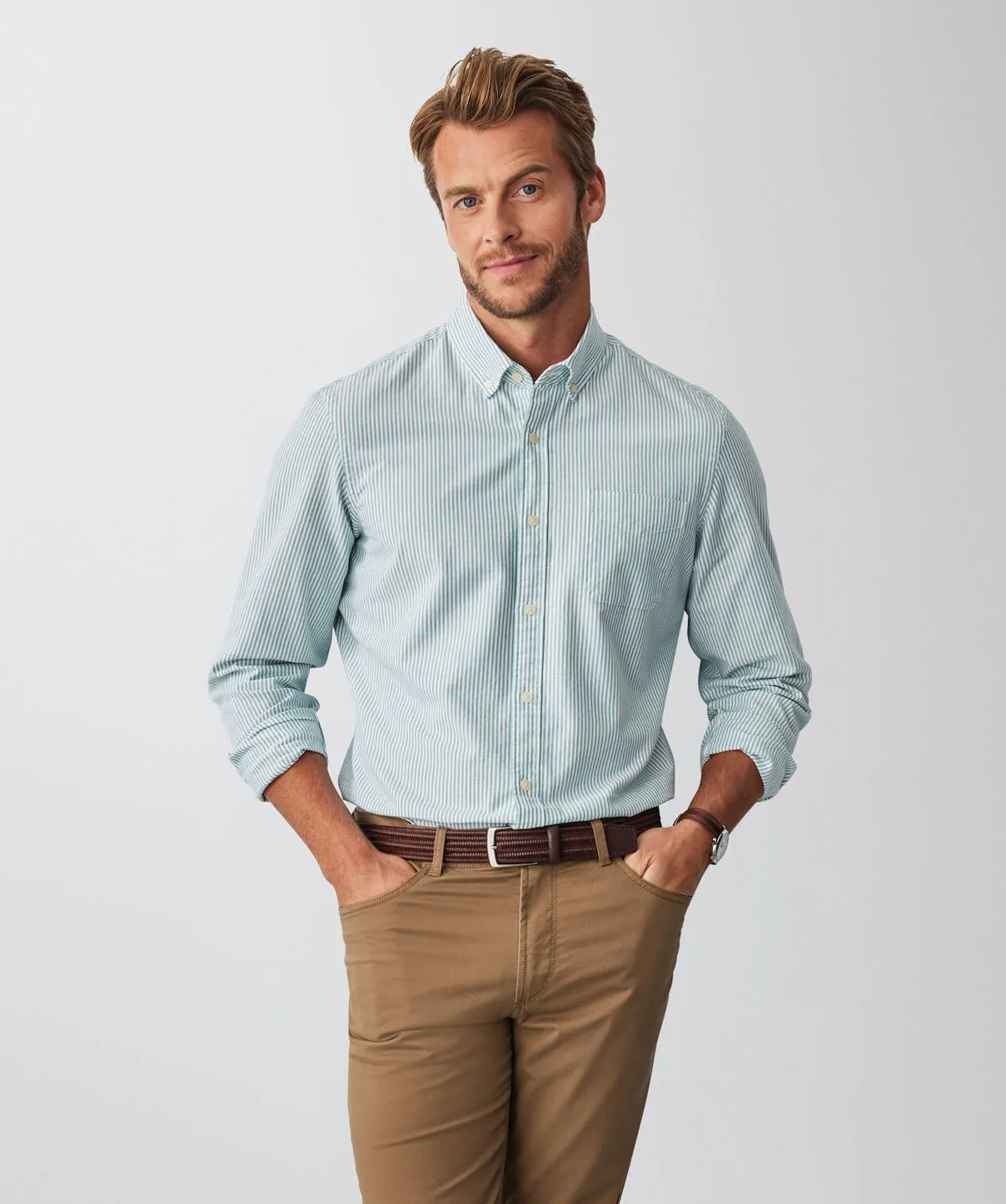 Tailored Casual Oxford Stripe Long Sleeve Shirt - Green sold by GAZMAN