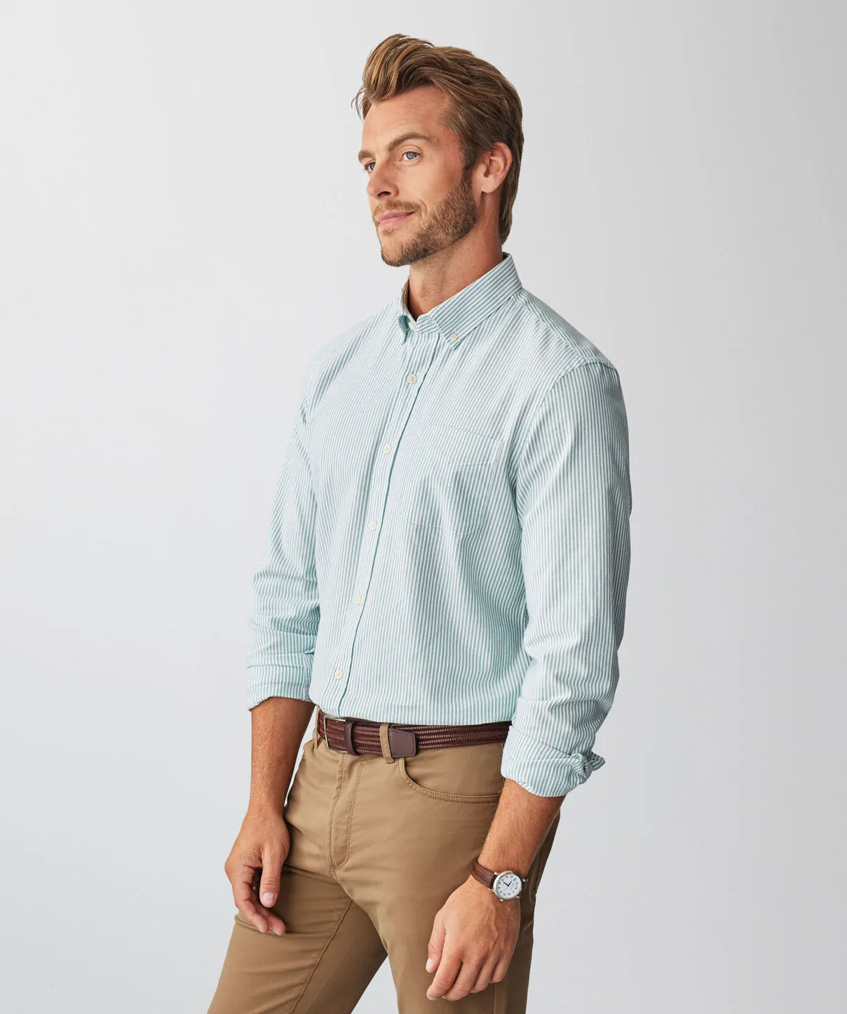 Tailored Casual Oxford Stripe Long Sleeve Shirt - Green sold by GAZMAN product image thumbnail 5
