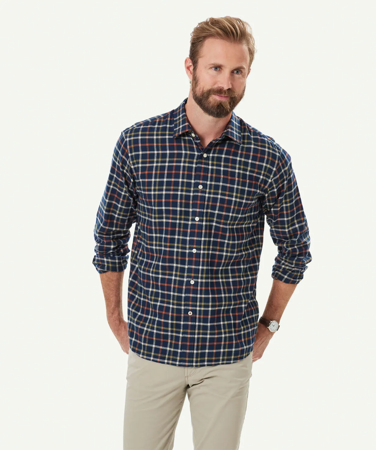 Brushed Twill Check Long Sleeve Shirt - Navy sold by GAZMAN