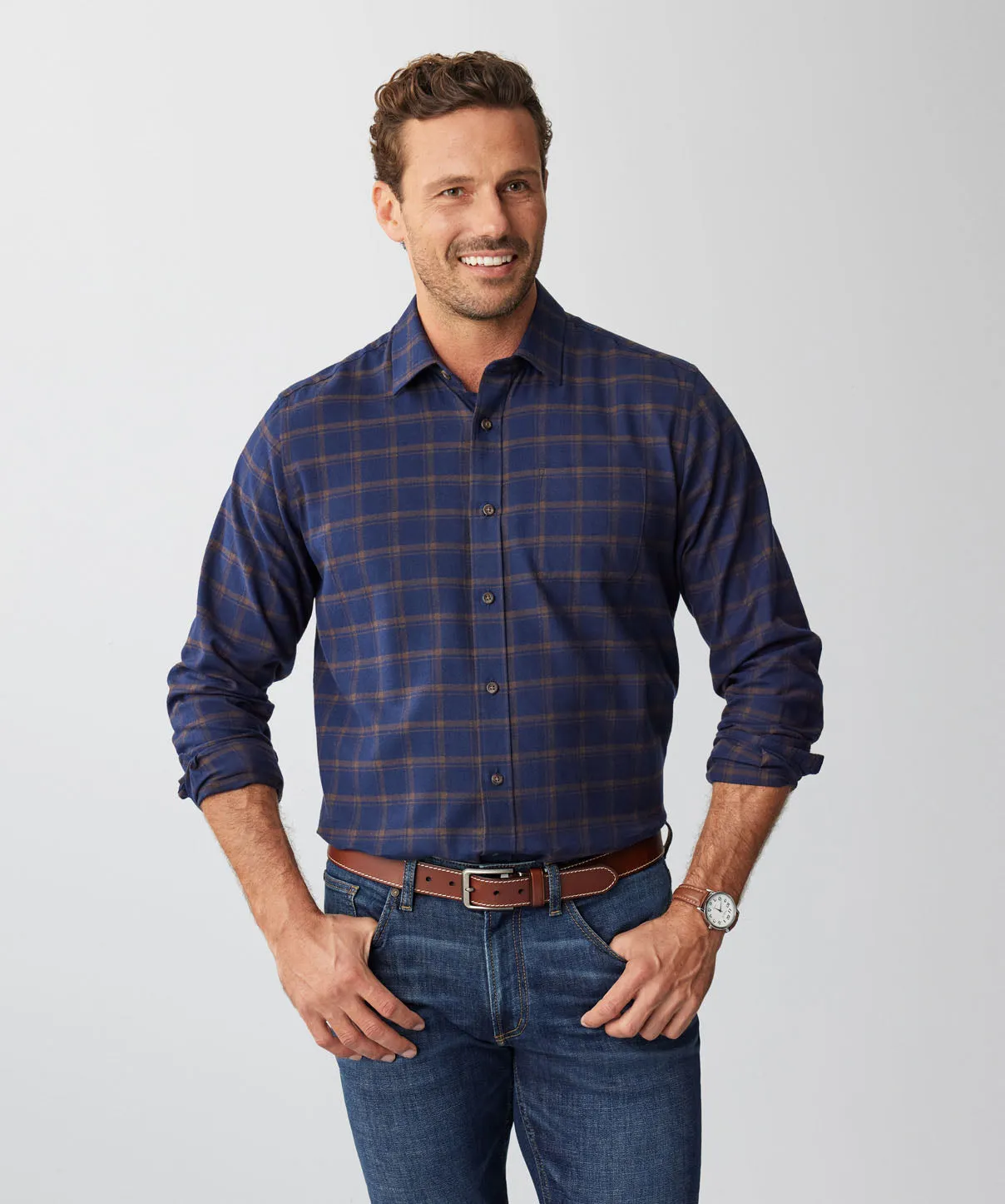Brushed Twill Check Long Sleeve Shirt - Navy sold by GAZMAN