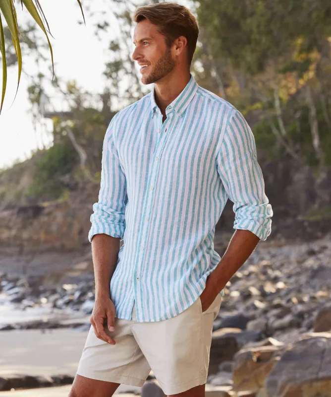 Tailored French Linen Stripe Long Sleeve Shirt - Sea Green sold by GAZMAN