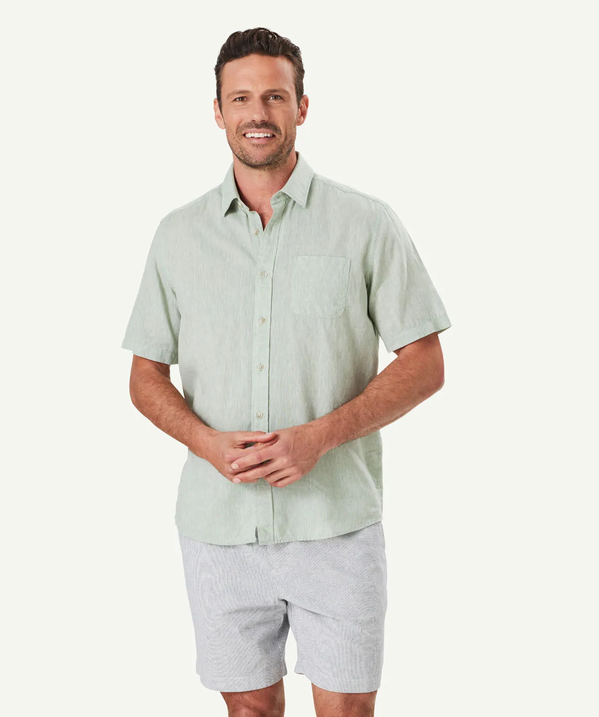 Linen Blend Plain Short Sleeve Shirt - Sage sold by GAZMAN product image thumbnail 3