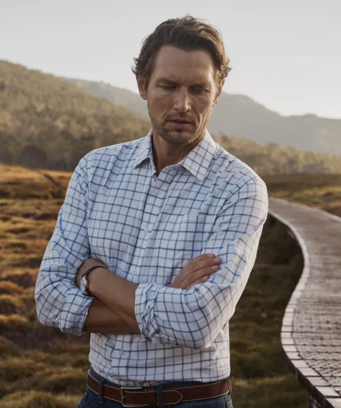 Brushed Twill Check Long Sleeve Shirt - White sold by GAZMAN