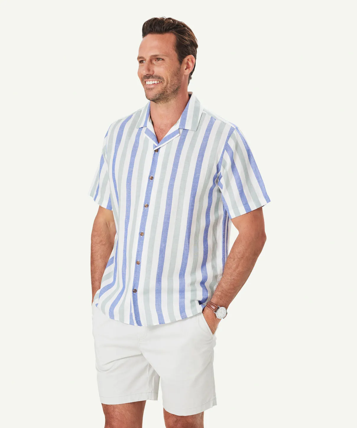 Linen Blend Deck Stripe Short Sleeve Shirt - Sage sold by GAZMAN