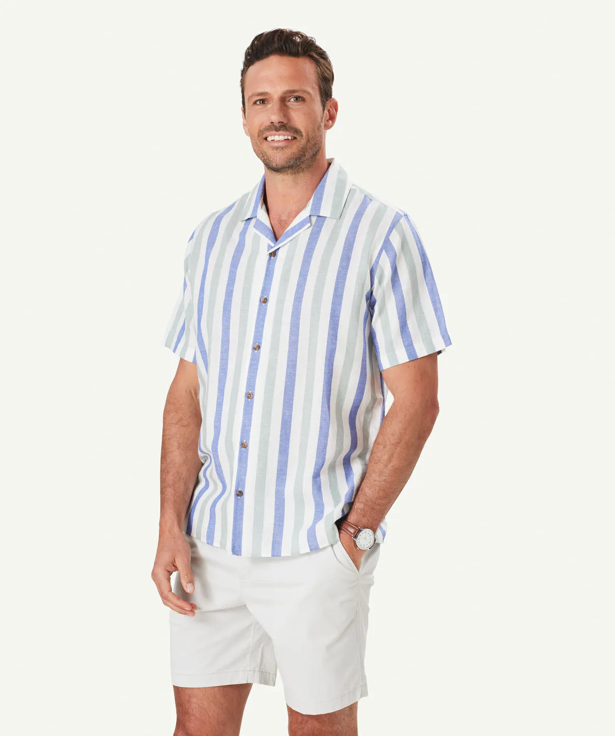 Linen Blend Deck Stripe Short Sleeve Shirt - Sage sold by GAZMAN product image thumbnail 5