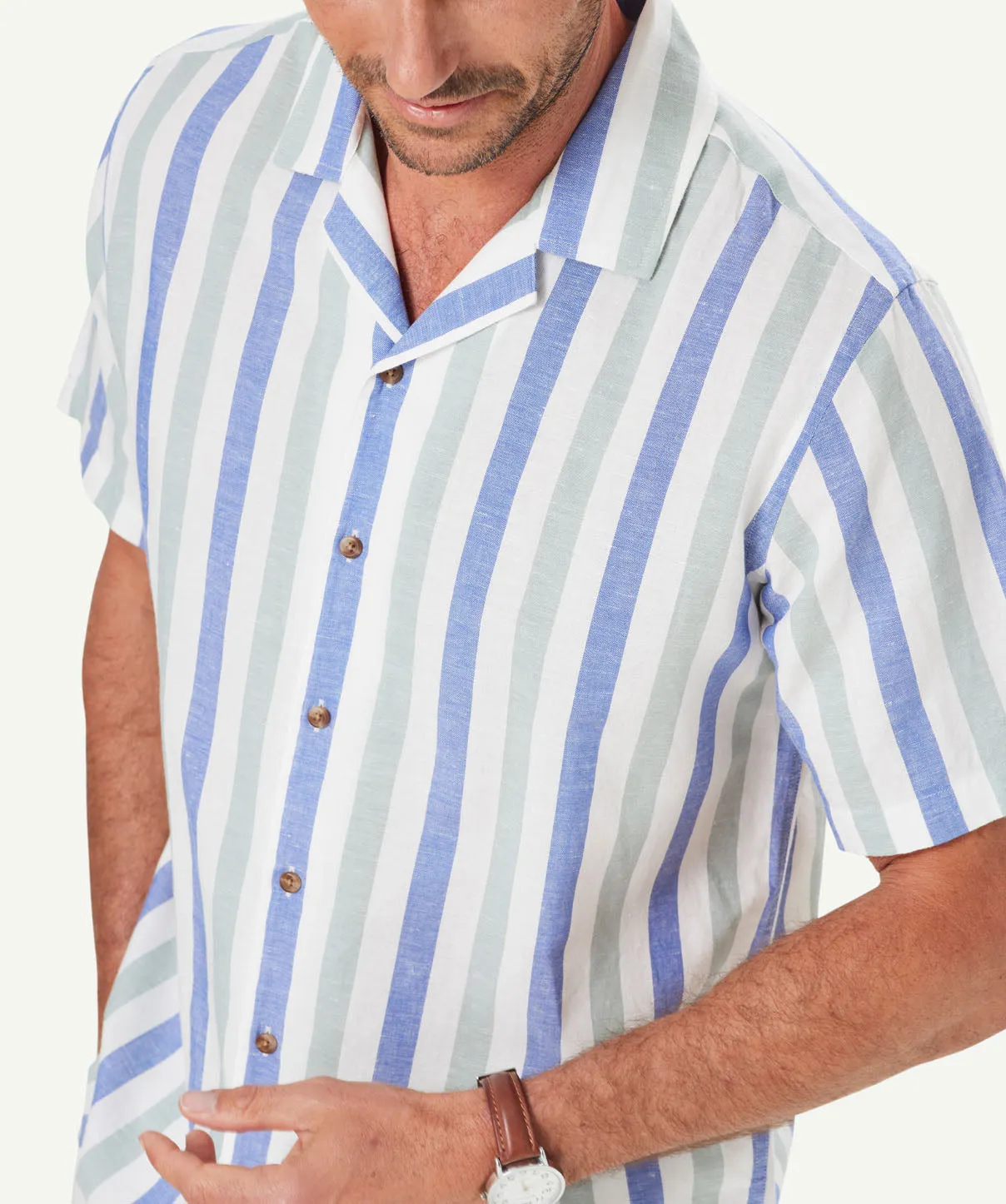Linen Blend Deck Stripe Short Sleeve Shirt - Sage sold by GAZMAN product image thumbnail 4