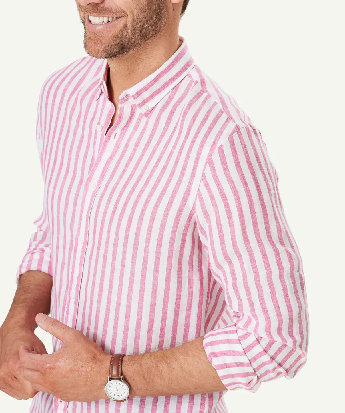 Tailored French Linen Stripe Long Sleeve Shirt - Fuchsia sold by GAZMAN product image thumbnail 4