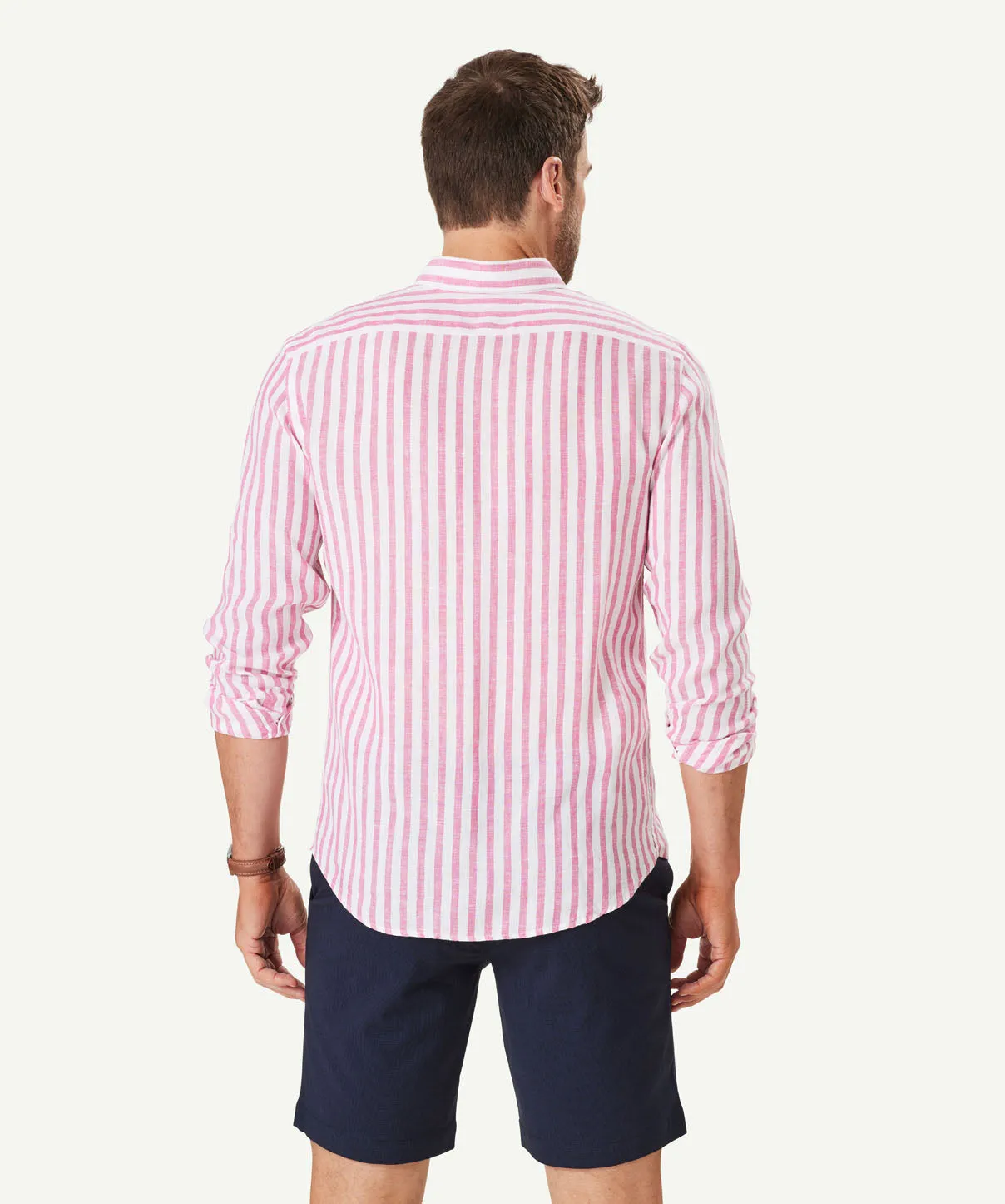 Tailored French Linen Stripe Long Sleeve Shirt - Fuchsia sold by GAZMAN product image thumbnail 3