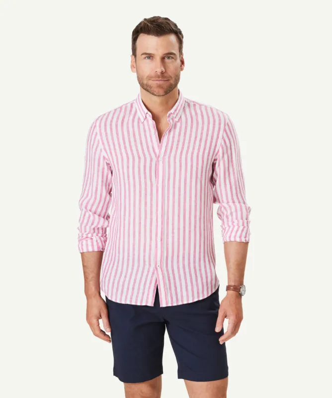 Tailored French Linen Stripe Long Sleeve Shirt - Fuchsia sold by GAZMAN