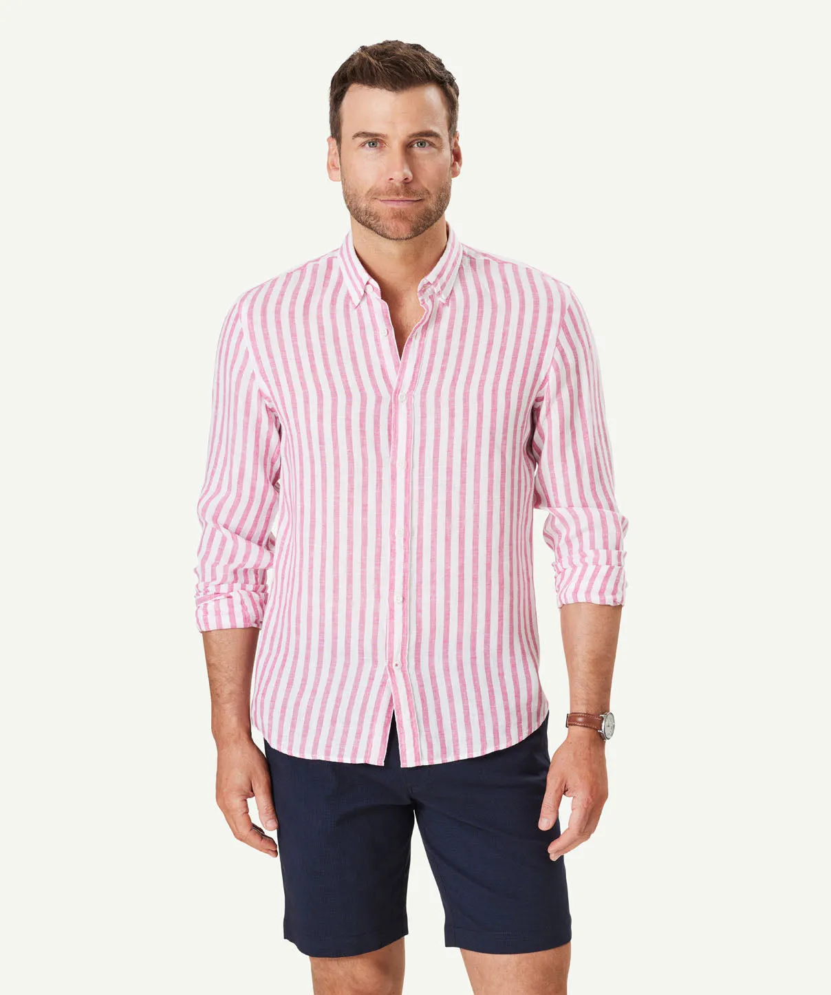 Tailored French Linen Stripe Long Sleeve Shirt - Fuchsia sold by GAZMAN