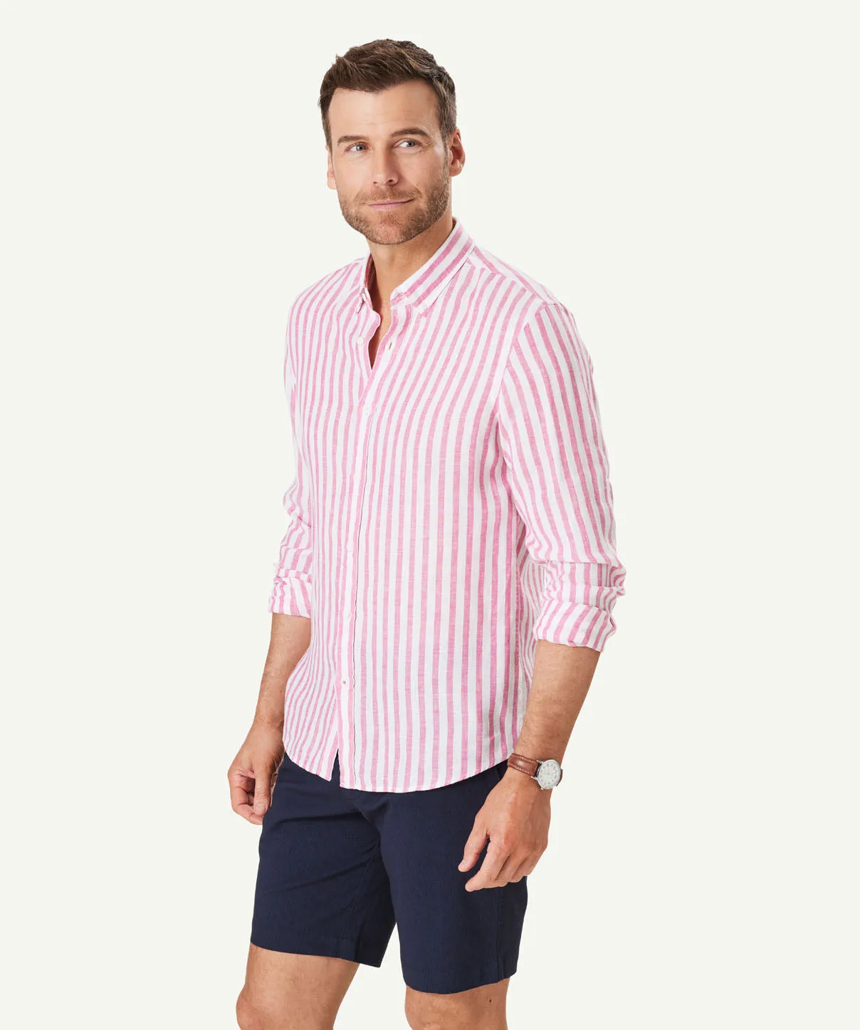 Tailored French Linen Stripe Long Sleeve Shirt - Fuchsia sold by GAZMAN product image thumbnail 5