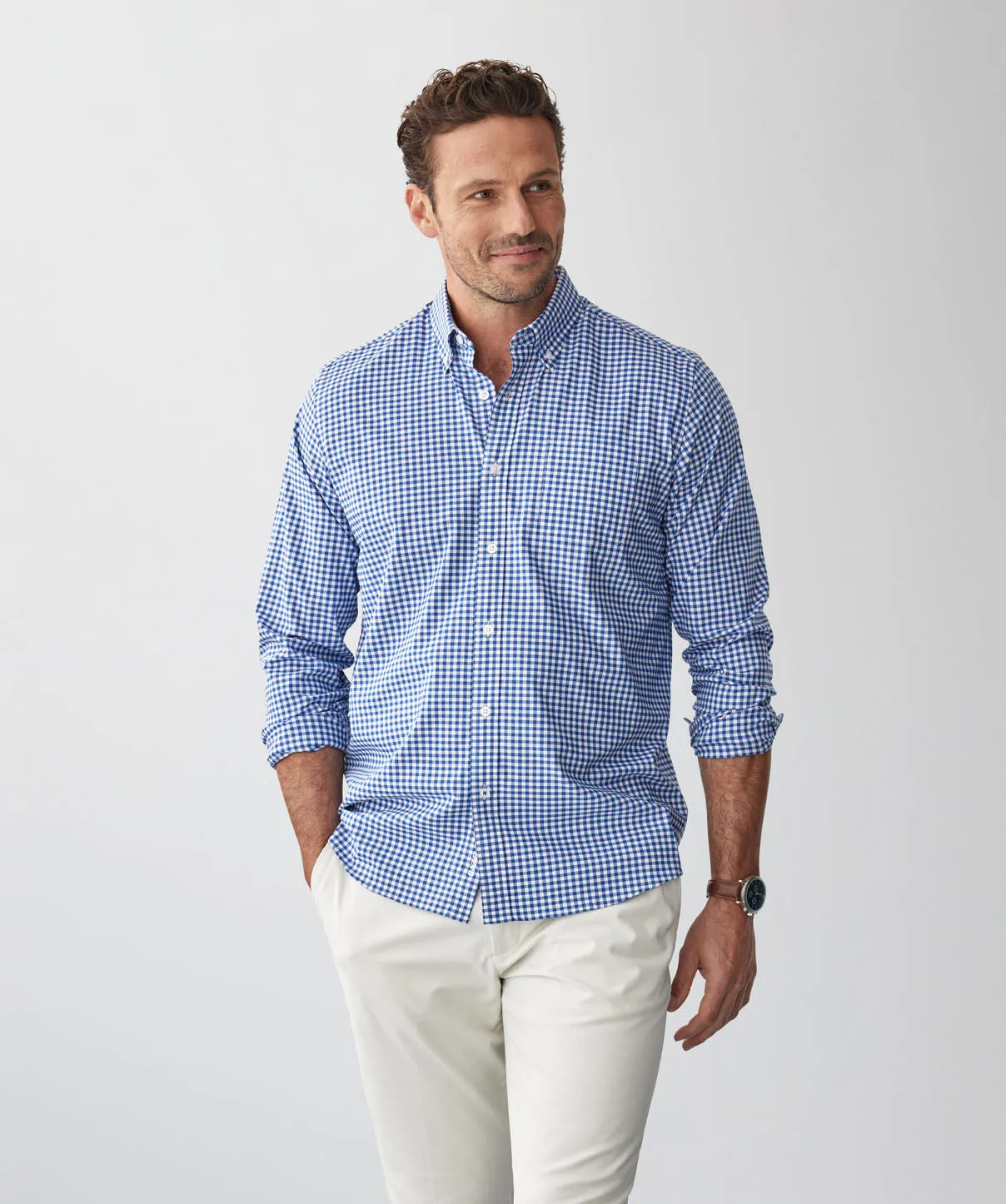 GAZFLEX Performance Gingham Long Sleeve Shirt - Navy sold by GAZMAN