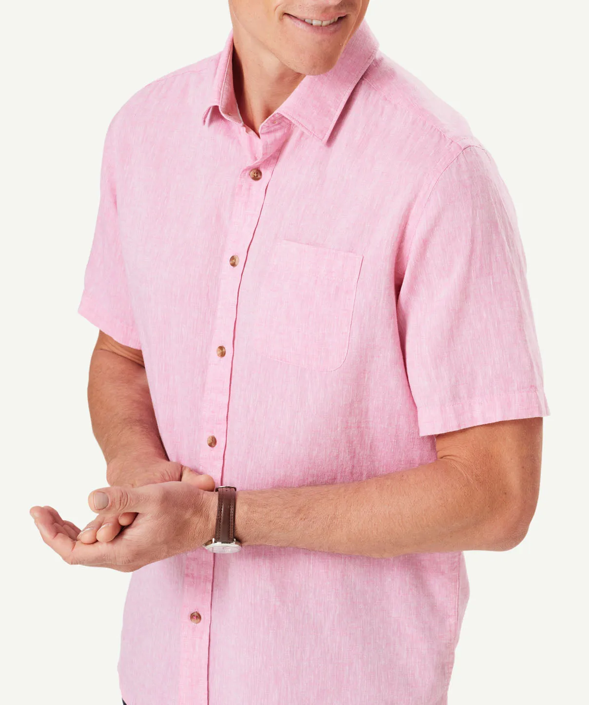 Linen Blend Plain Short Sleeve Shirt - Fuchsia sold by GAZMAN