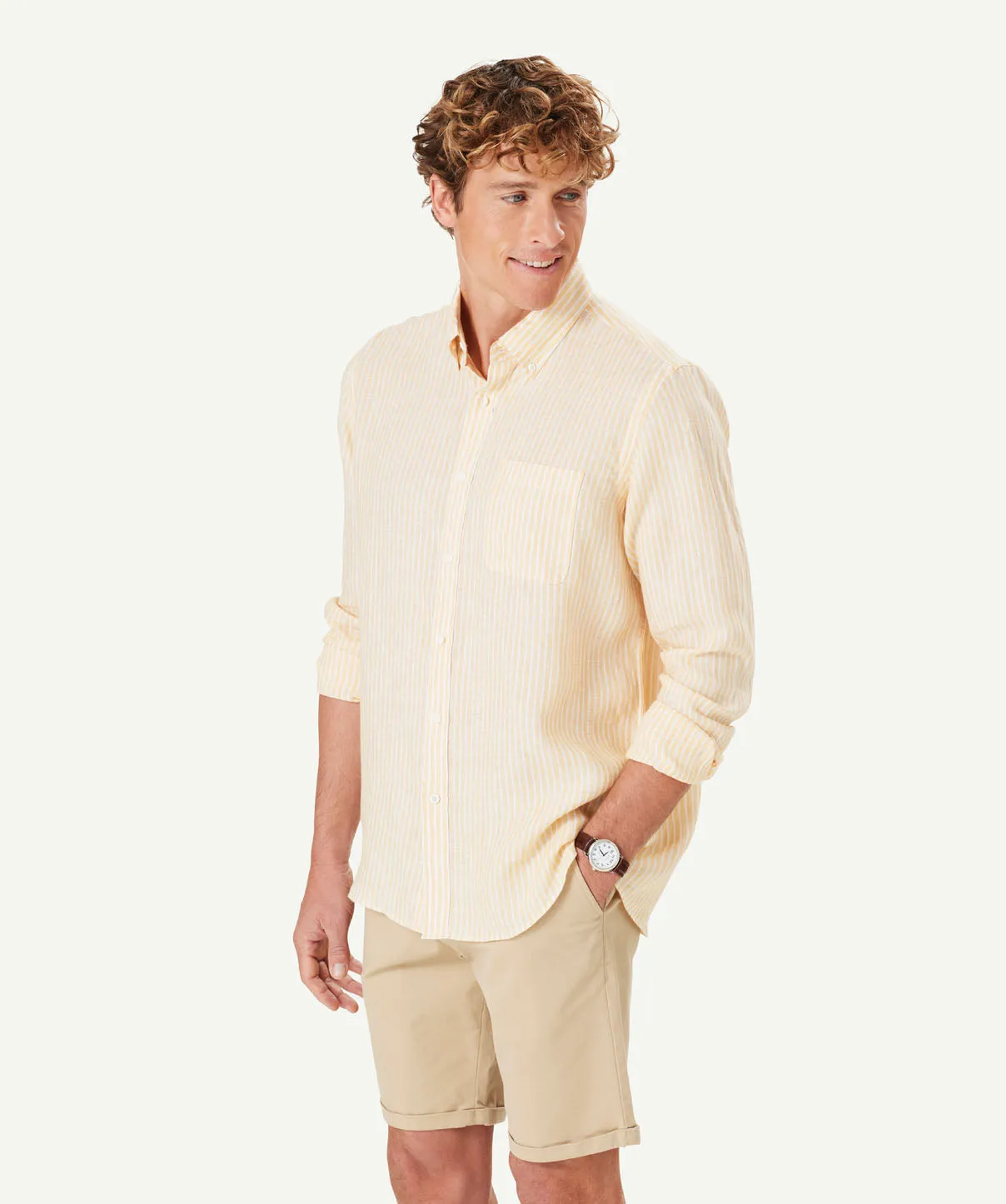 Pure French Linen Stripe Long Sleeve Shirt - Yellow sold by GAZMAN