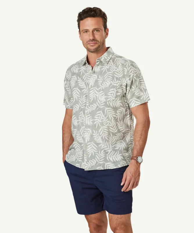 Linen Blend Leaf Print Short Sleeve Shirt - Sage sold by GAZMAN
