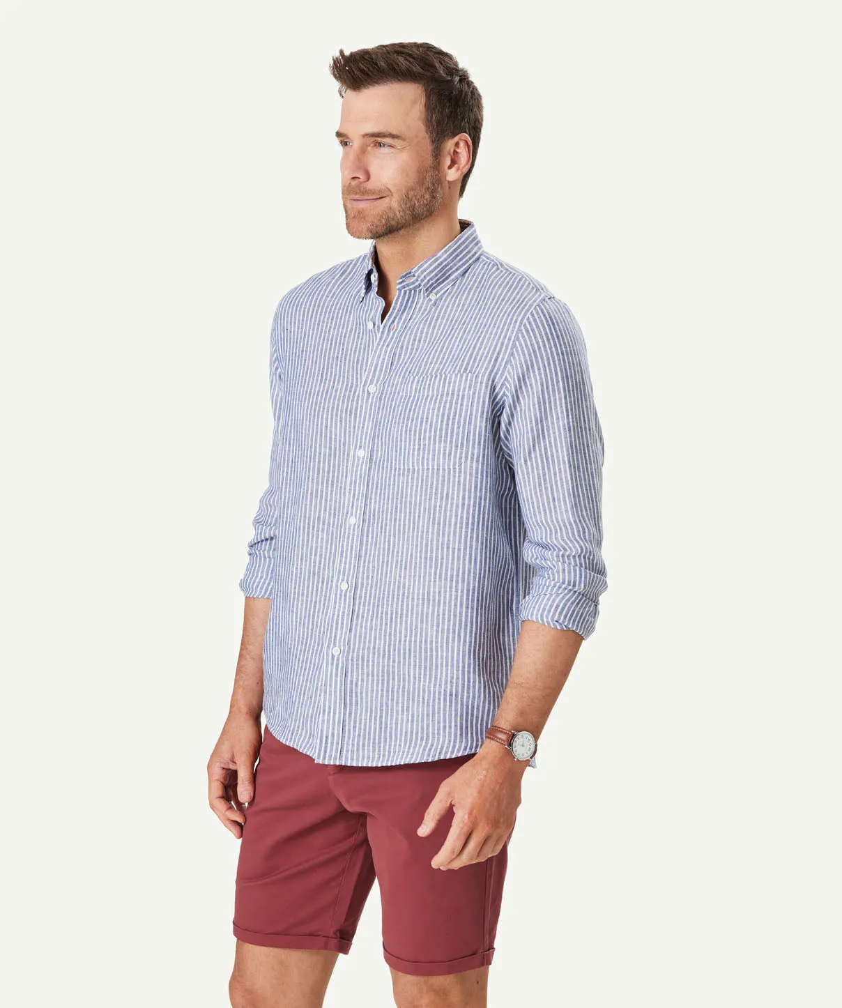 Pure French Linen Stripe Long Sleeve Shirt - Navy sold by GAZMAN product image thumbnail 5